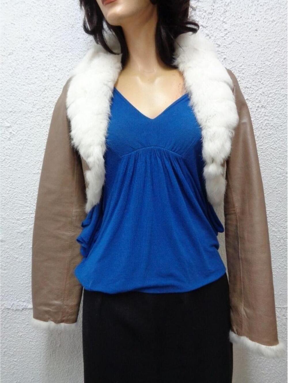EXCELLENT WHITE RABBIT FUR & LEATHER BOLERO JACKET WOMEN WOMAN SIZE 0-2 XSMALL
